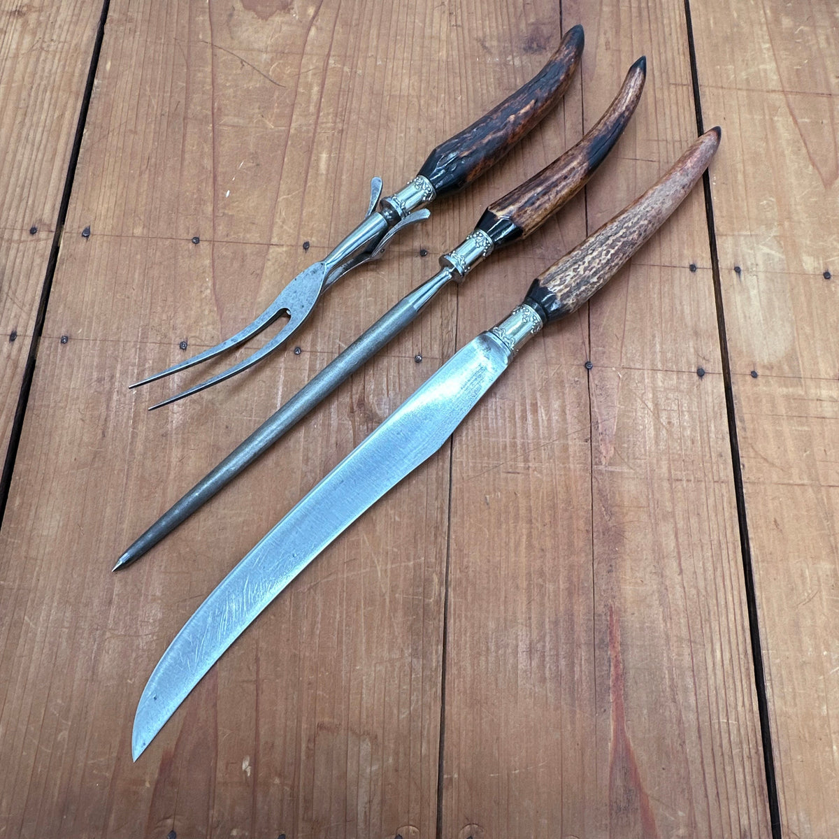 Vintage Putnam Cutlery Co Carving Set Stag Tip 1850-1950