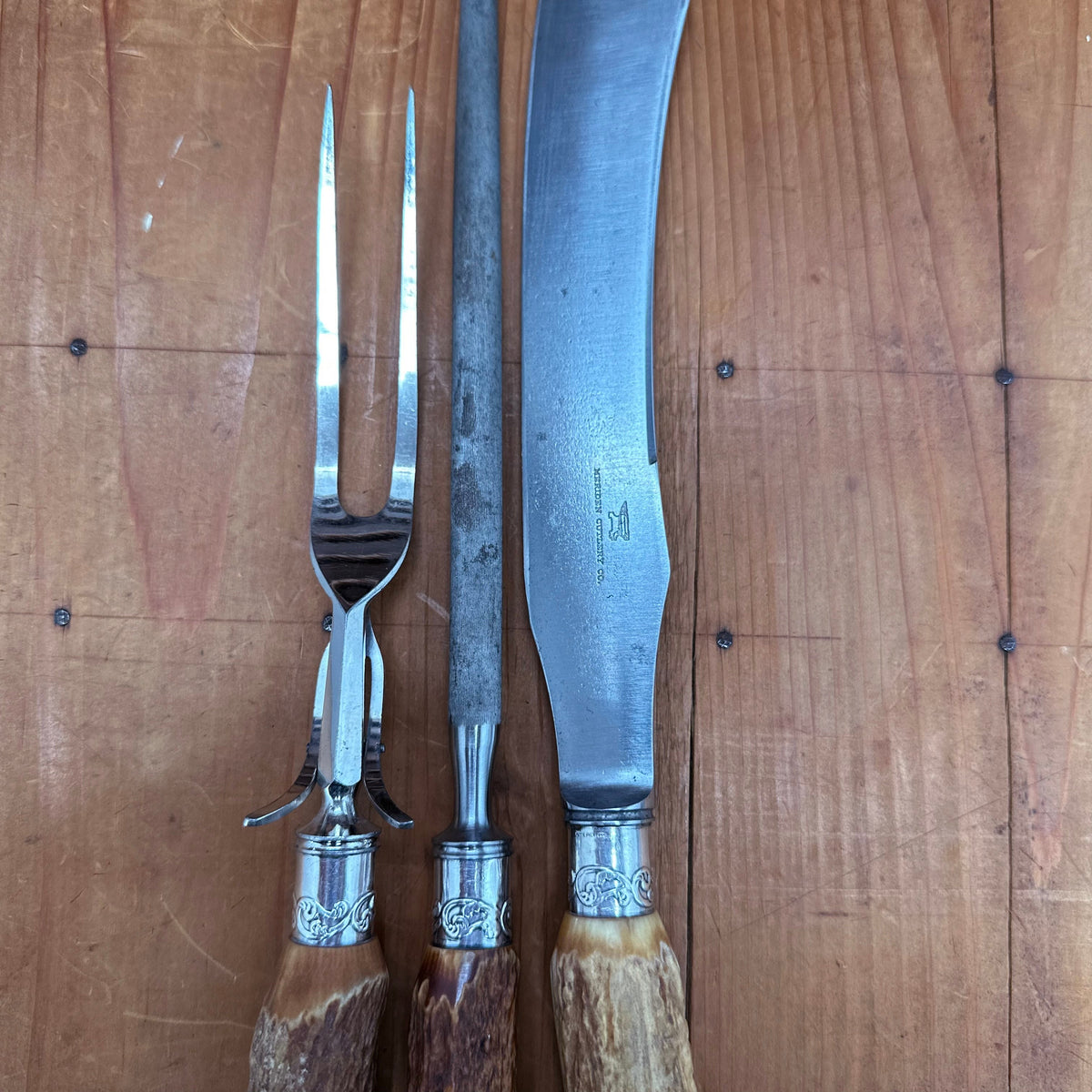 Meriden Cutlery Co Carving Set Stag & Sterling Late 19th Early 20th C?