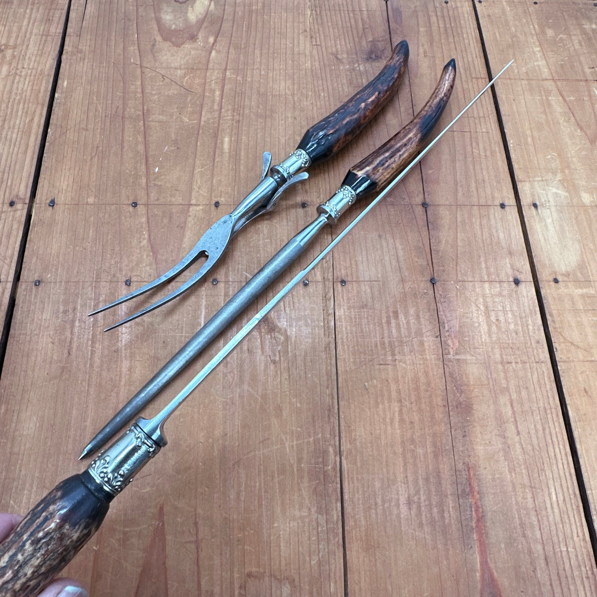 Vintage Putnam Cutlery Co Carving Set Stag Tip 1850-1950