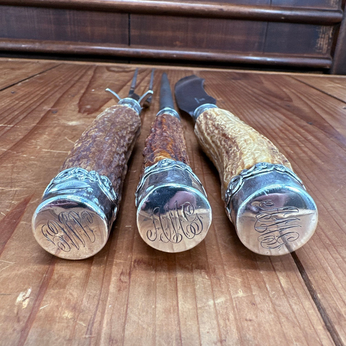 Meriden Cutlery Co Carving Set Stag & Sterling Late 19th Early 20th C?