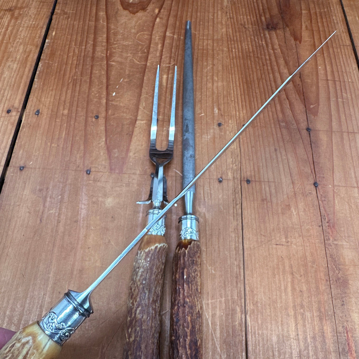 Meriden Cutlery Co Carving Set Stag & Sterling Late 19th Early 20th C?