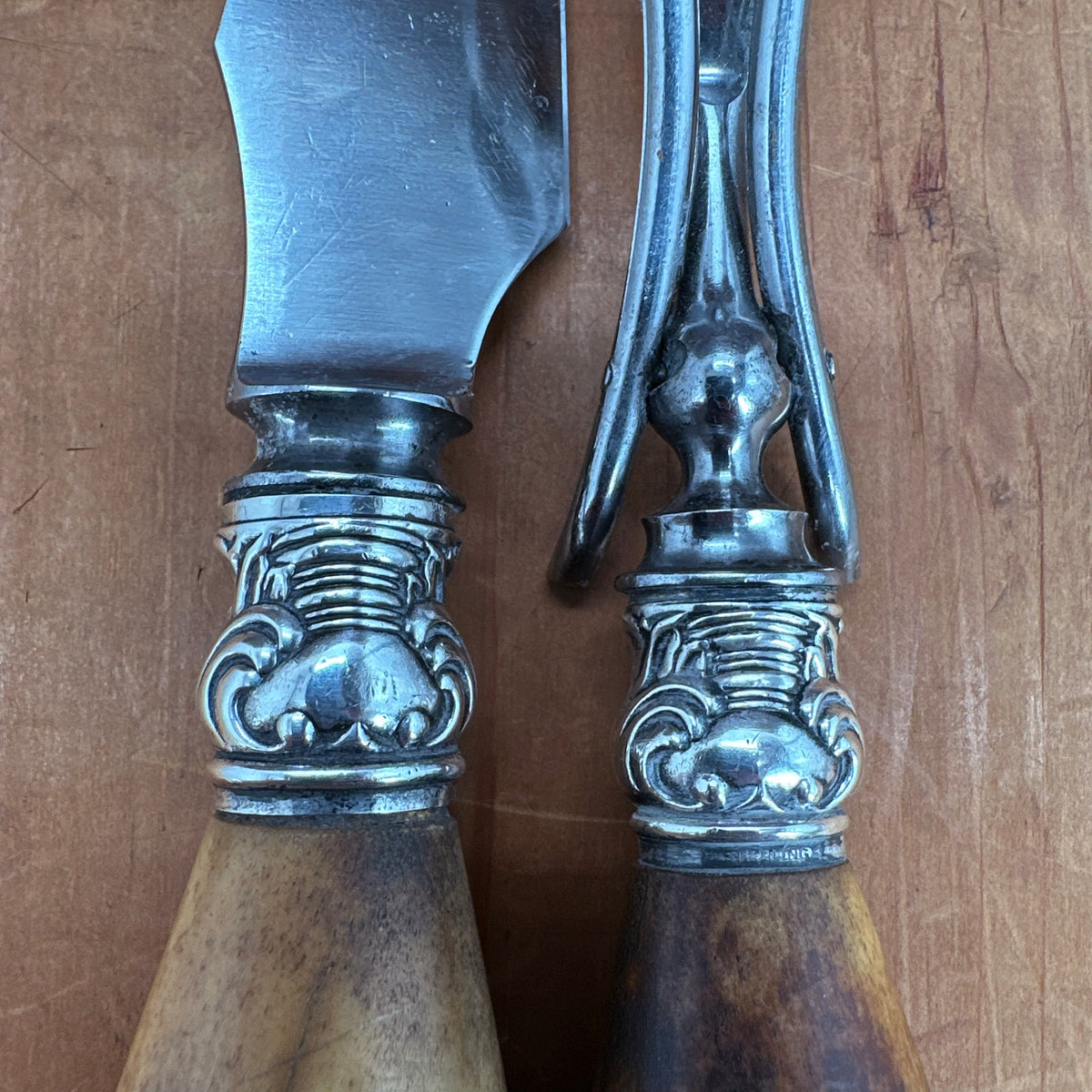 Meriden Cutlery Co Carving Set Stag & Sterling Late 19th Early 20th C?