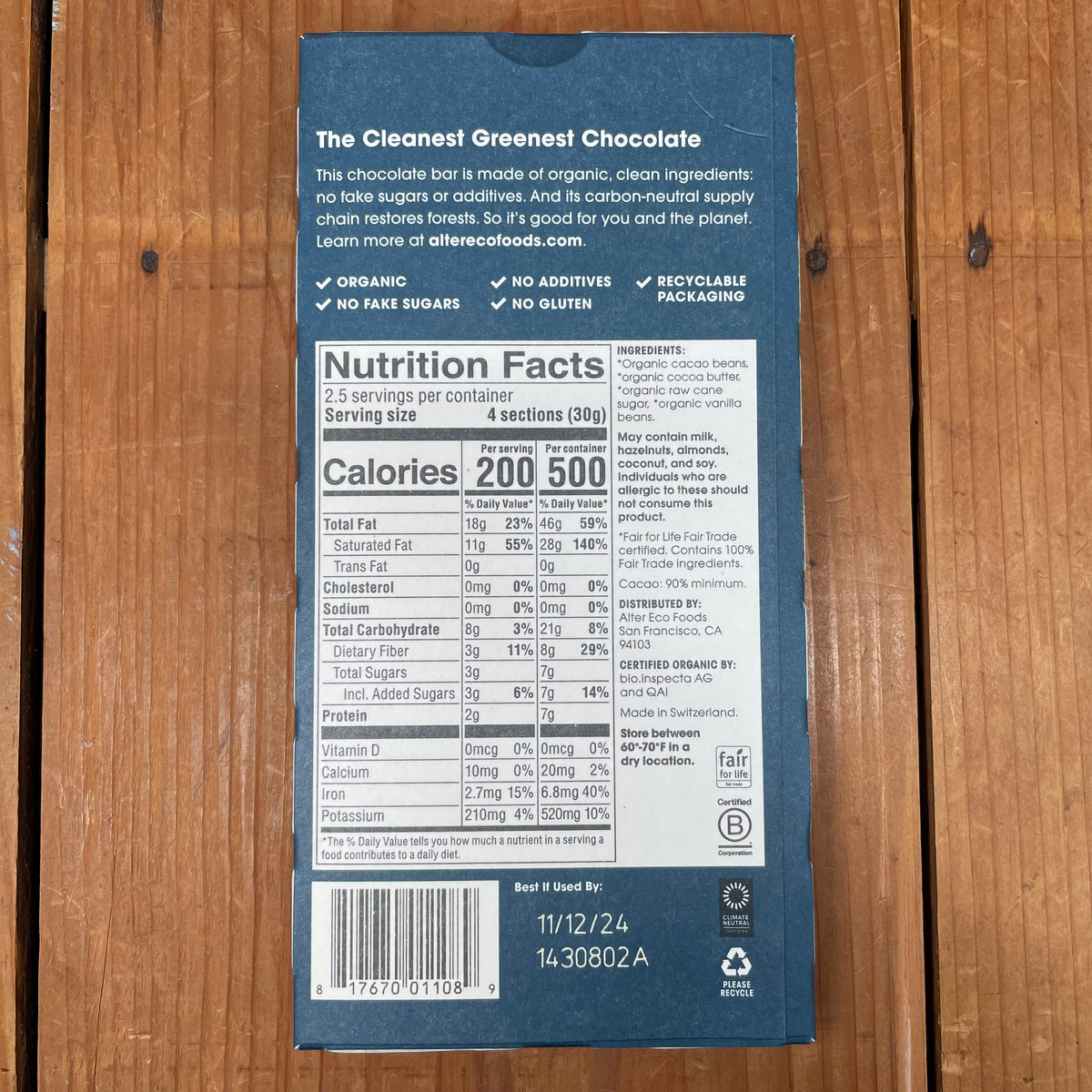 Alter Eco Organic Dark Chocolate Bars. Total Blackout, 2.65 OZ (Pack of 12)