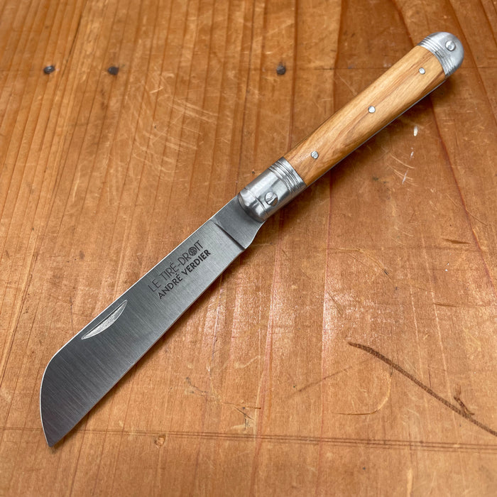 André Verdier Tiré-Droit 9cm Sheepsfoot Stainless Lockback Olive Handle