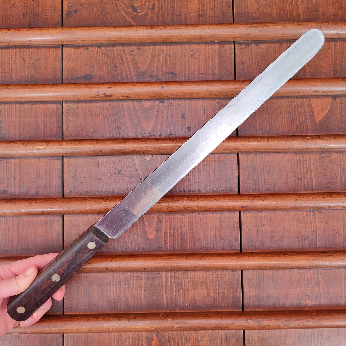 Unmarked 12" Round Tip Slicer Carbon Steel Rosewood  American 1930's-60's