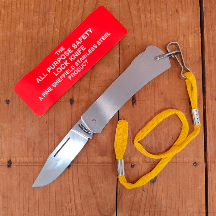 New Vintage The All Purpose Safety Lock Knife 4" Lockback All Stainless with Lanyard Sheffield