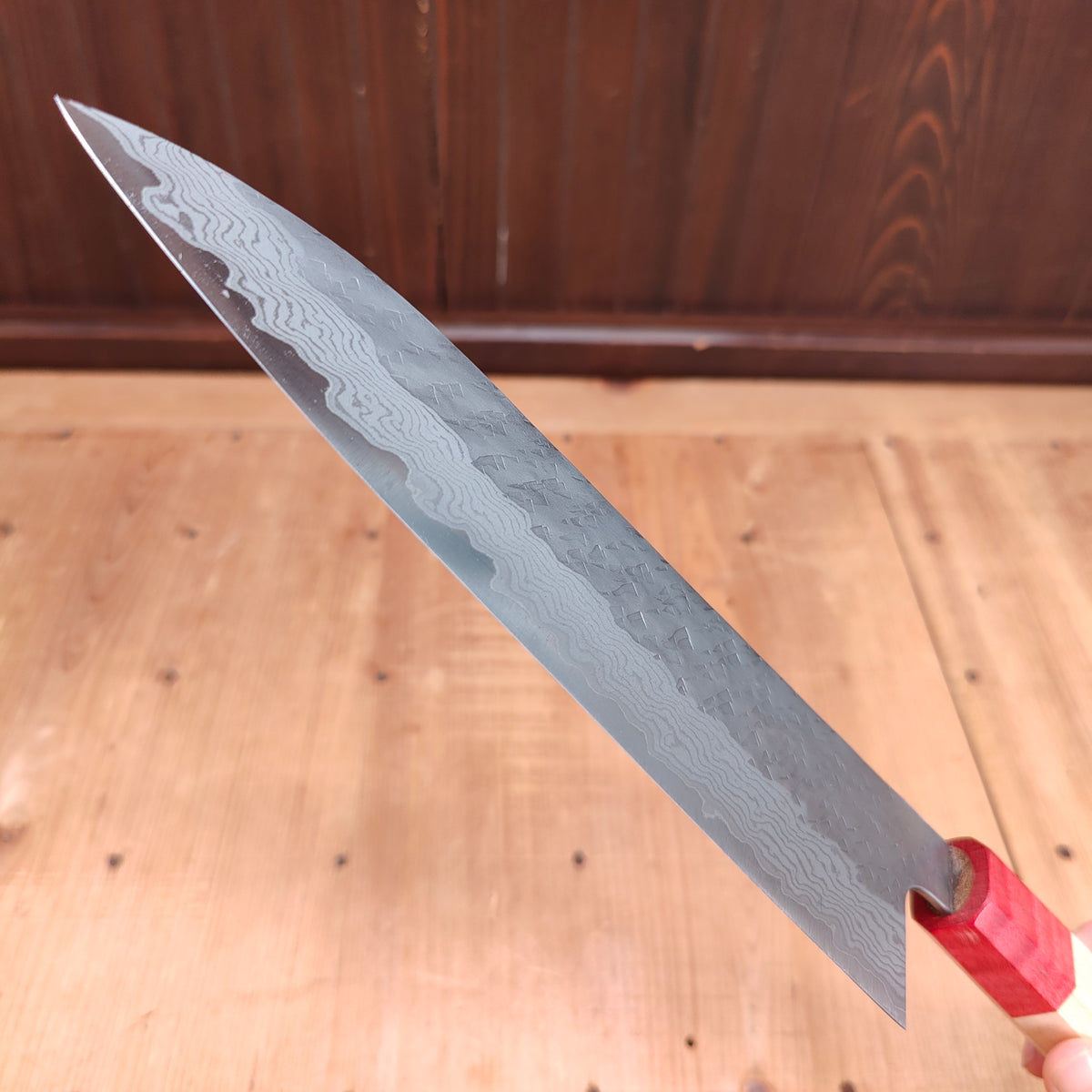 Nigara Hamono 210mm Gyuto VG10 Suminagashi Tsuchime Maple