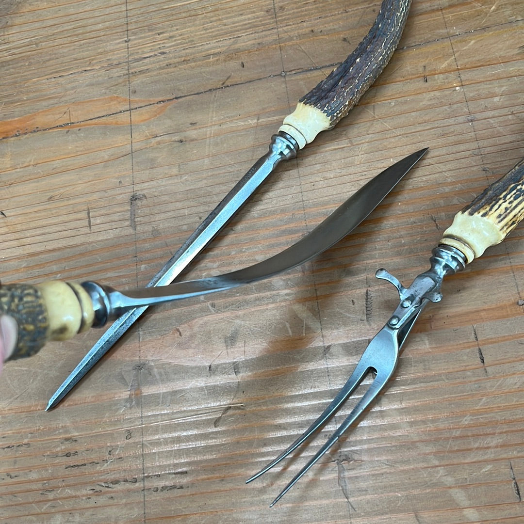 A J Jordan Carving Set AAA1 Sheffield England Curved Blade Horn