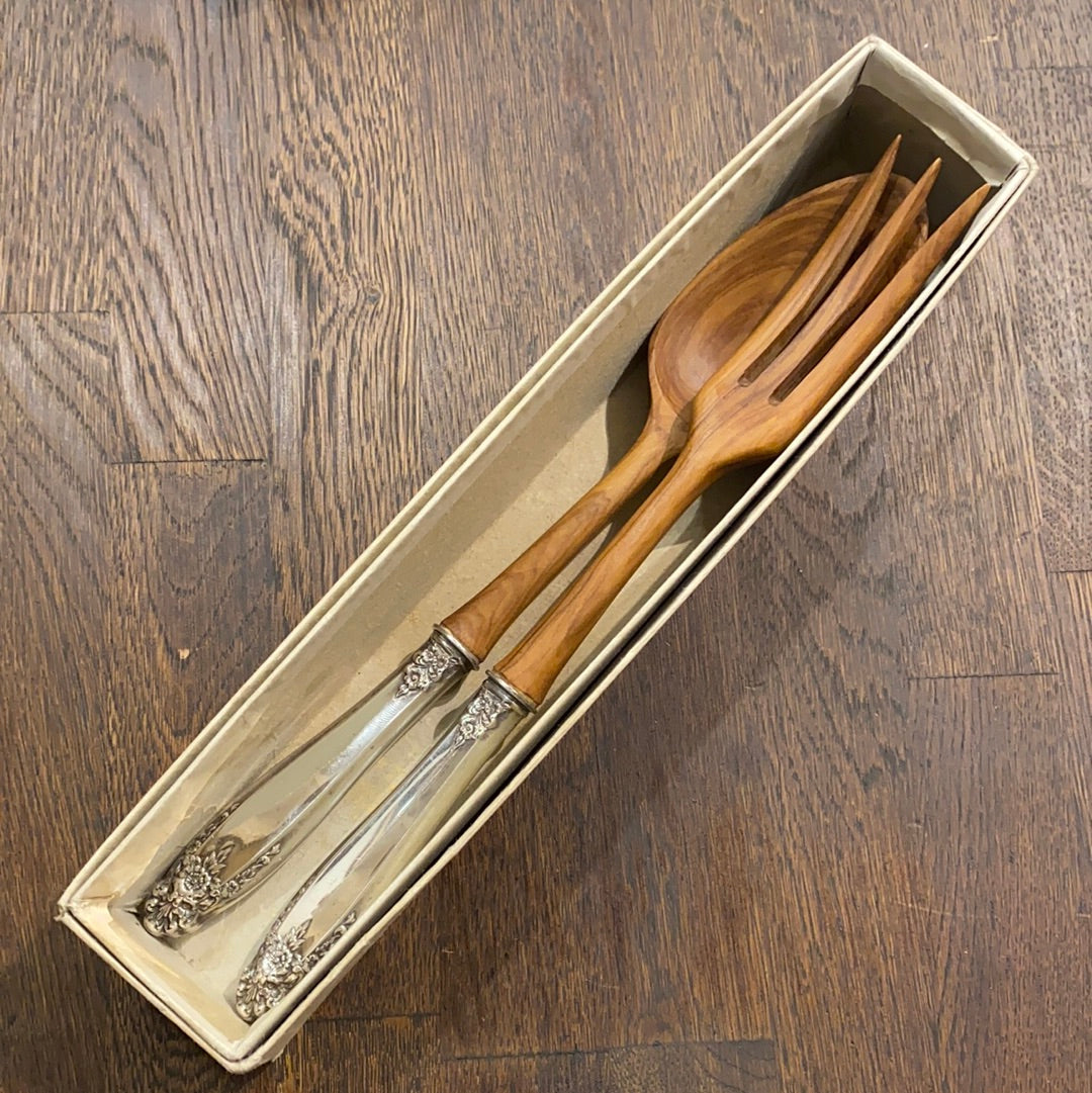 New Old Stock Salad Serving Set Sterling Silver and Olive Wood