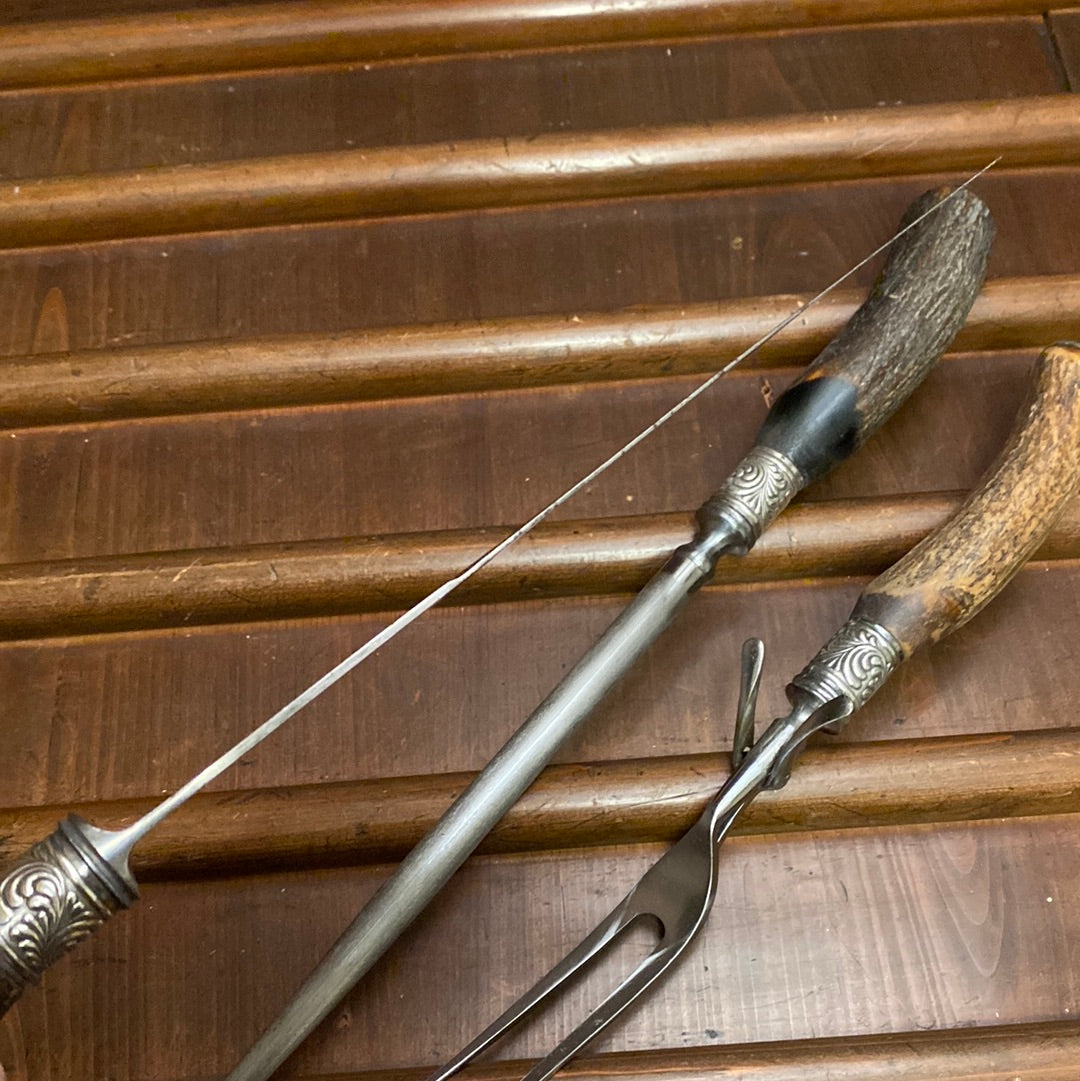 American Cutlery Co 3pc Carving Set Carbon Steel Stag c1900-1920