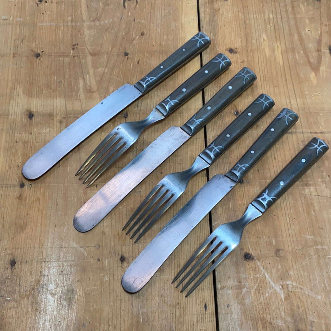 Landers Frary & Clark Universal Set of 3 Forks & Knives Carbon Steel Pewter Inlay