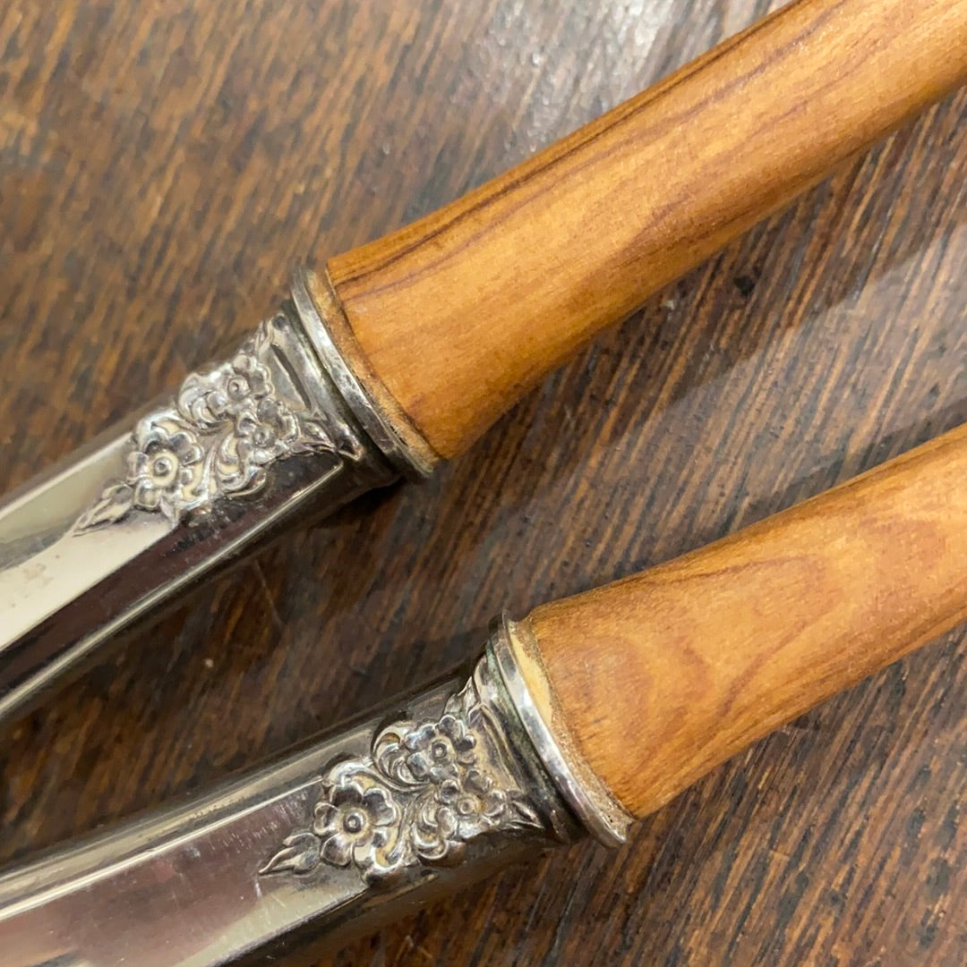 New Old Stock Salad Serving Set Sterling Silver and Olive Wood