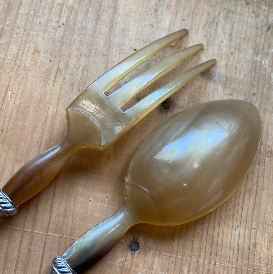 Unmarked Salad Serving Set Horn France 1920’s/30’s?