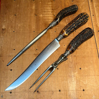 American Carving Set Carbon Steel Sterling Ferrules Stag 1880s-1920s
