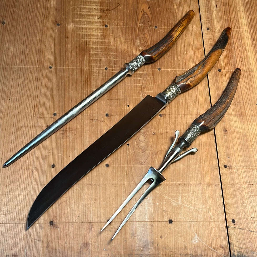 George Cowen 3 Pc Carving Set Carbon Steel Sheffield Stag Tip ~1890's ...