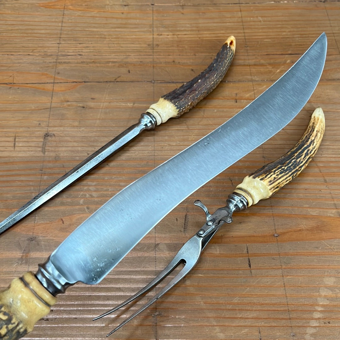 A J Jordan Carving Set AAA1 Sheffield England Curved Blade Horn Tip Handles 1880's-1920's