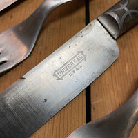 Landers Frary & Clark Universal Set of 3 Forks & Knives Carbon Steel Pewter Inlay