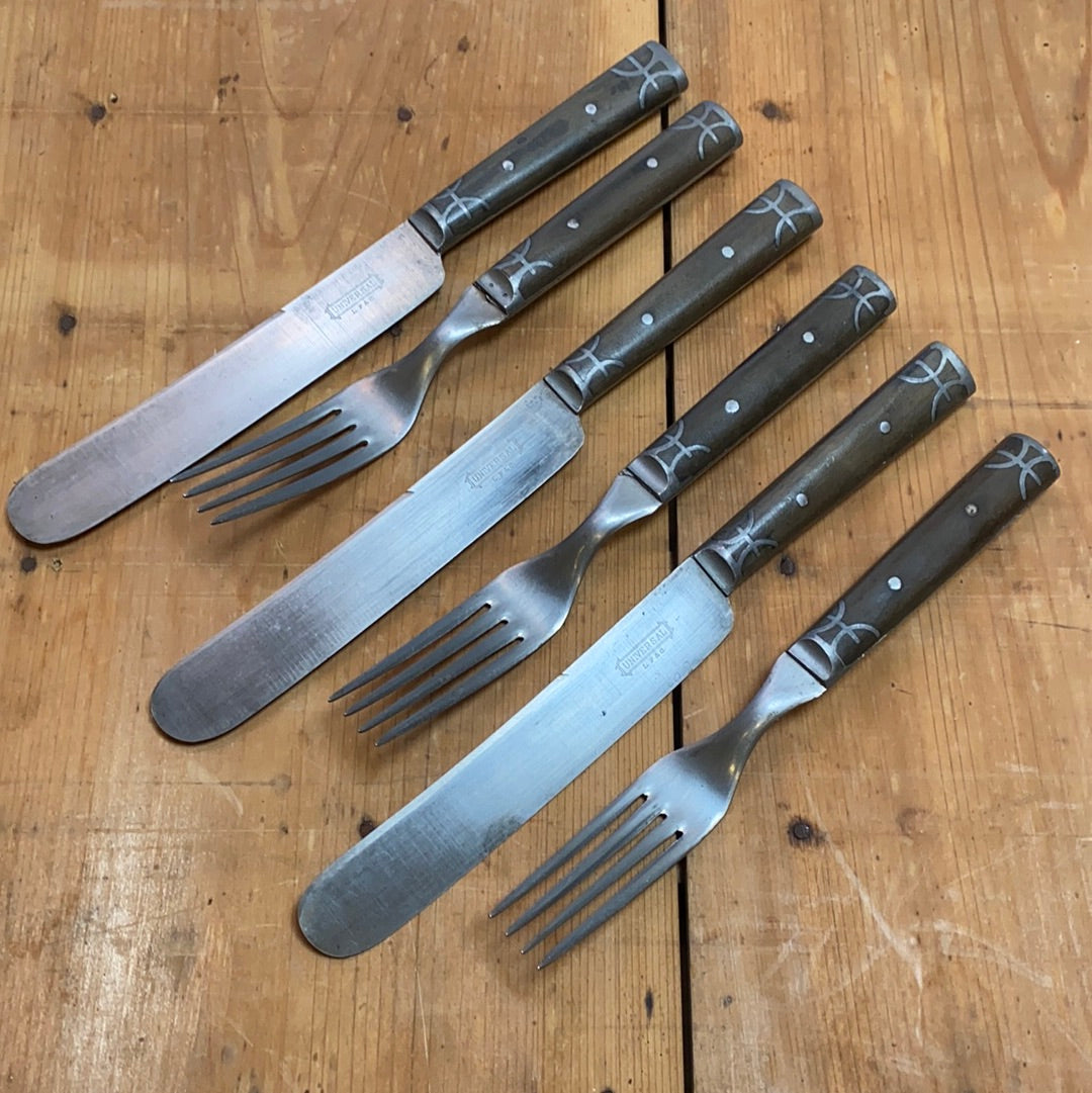 Landers Frary & Clark Universal Set of 3 Forks & Knives Carbon Steel Pewter Inlay