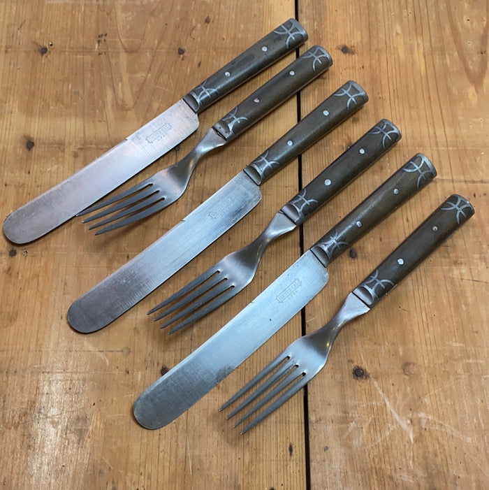 Landers Frary & Clark Universal Set of 3 Forks & Knives Carbon Steel Pewter Inlay