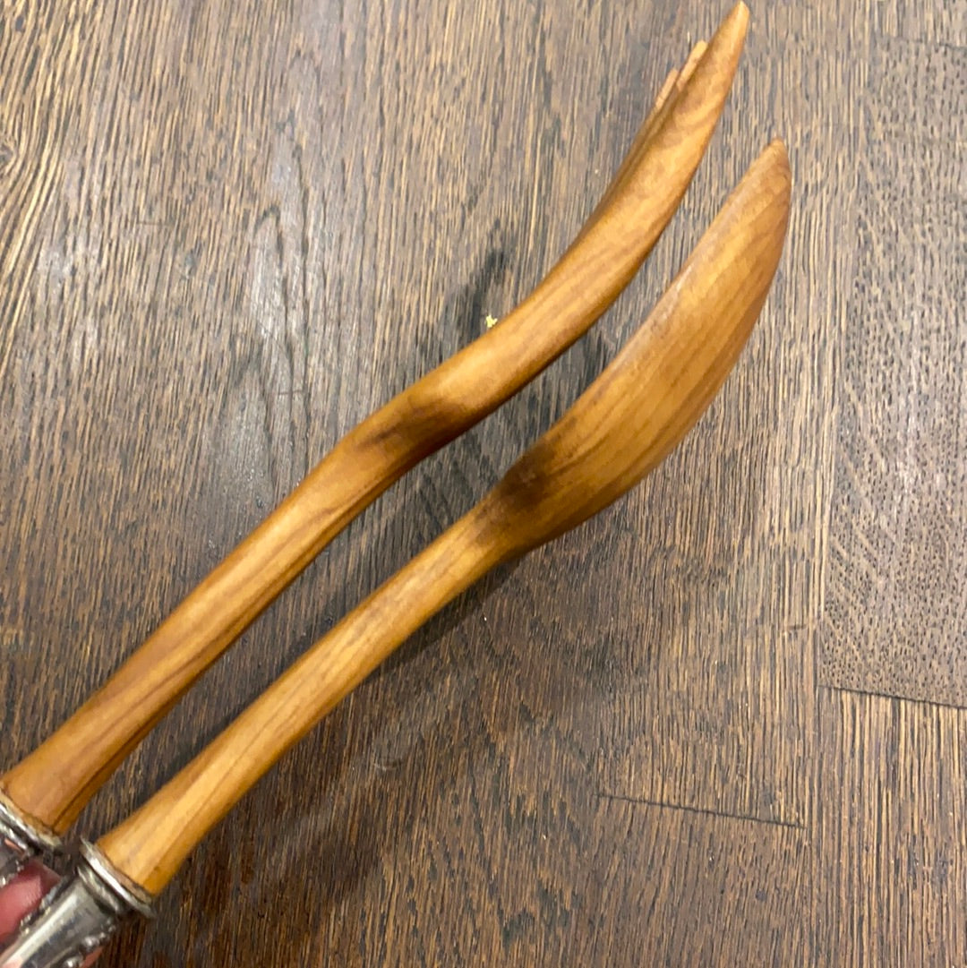 New Old Stock Salad Serving Set Sterling Silver and Olive Wood