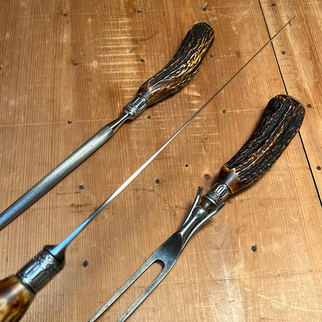 American Carving Set Carbon Steel Sterling Ferrules Stag 1880s-1920s
