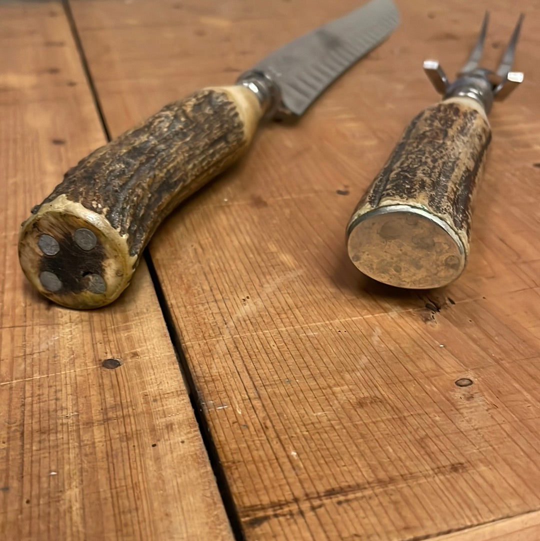 J A Henckels Carving Set ‘No-Stain’ Granton W/ 1931 US Pat No. Stainless & Stag Early 30’s