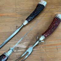 Landers Frary & Clark Aetna Works Carving Set Carbon Steel Large Sterling Ferrules Stag ~1880s-1910s