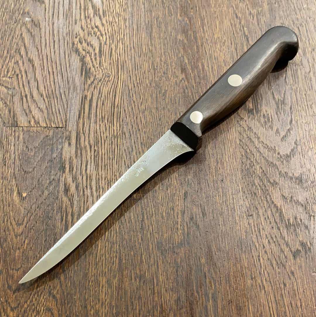 J A Henckels 5.5” Stiff Narrow Boning Knife Carbon Steel Walnut 2 Rivets 1950s