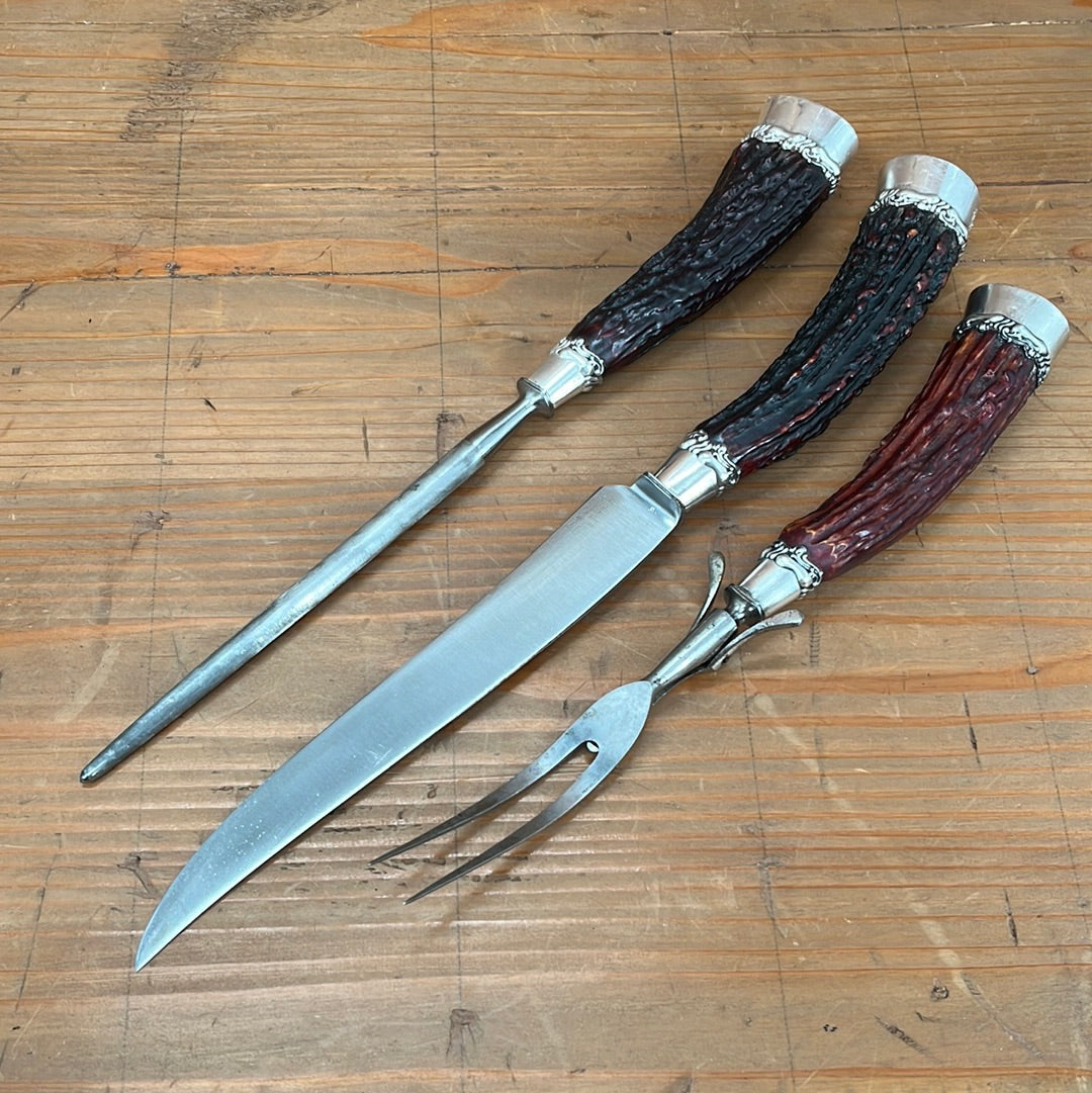 Landers Frary & Clark Aetna Works Carving Set Carbon Steel Large Sterling Ferrules Stag ~1880s-1910s