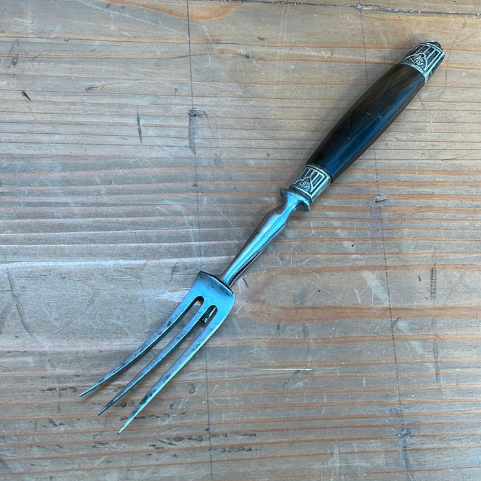 French Carving 3 Tined Fork Horn Handle 2 Bolsters