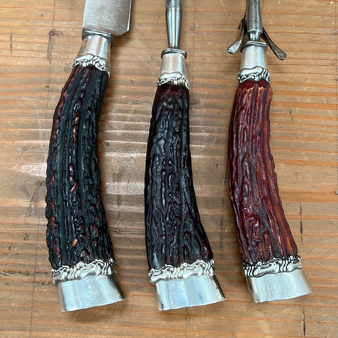 Landers Frary & Clark Aetna Works Carving Set Carbon Steel Large Sterling Ferrules Stag ~1880s-1910s