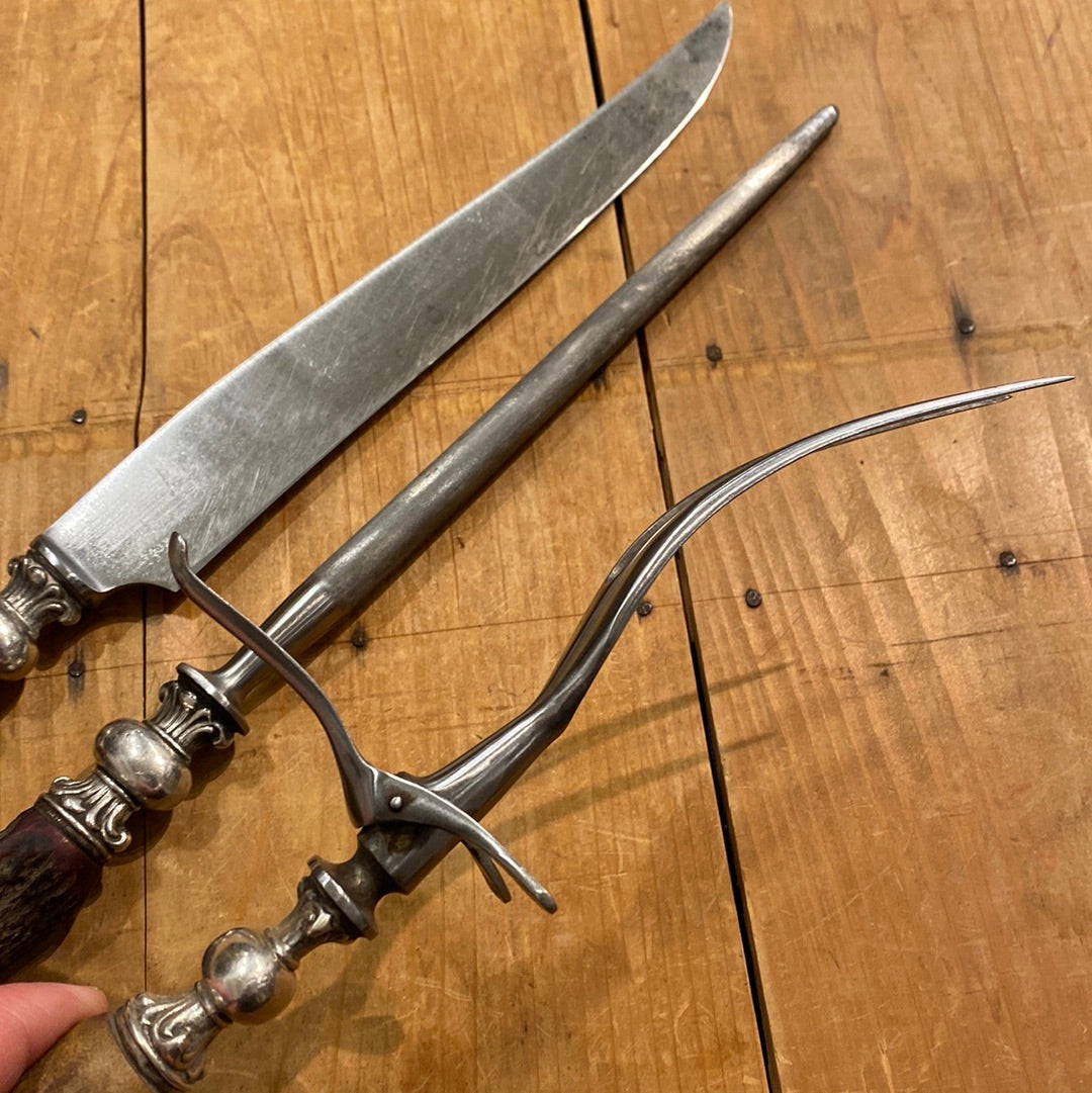Landers Frary & Clark Universal Carving 3Pc Set Knife Fork Steel Carbon Steel Stag Sterling