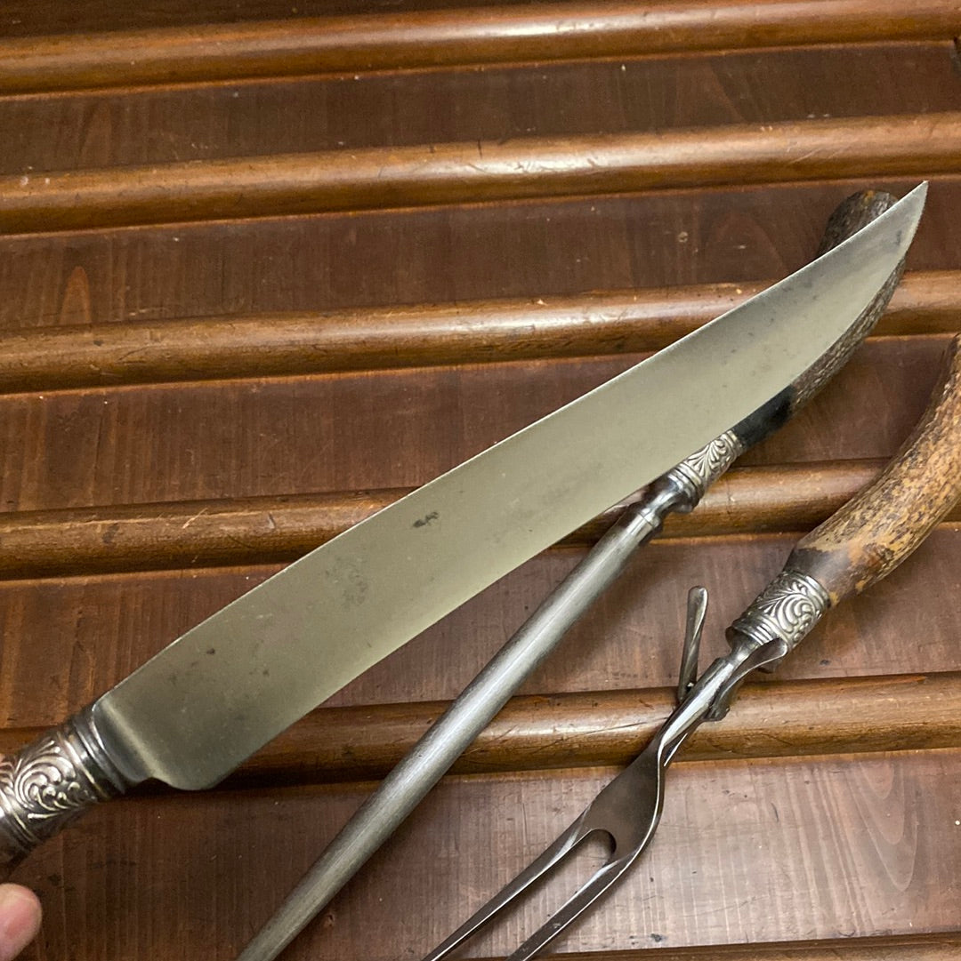 American Cutlery Co 3pc Carving Set Carbon Steel Stag c1900-1920