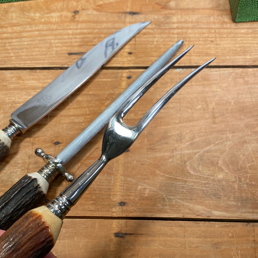 Eichenlaub Carving Set Stainless & Stag Solingen Germany ~1950s-60s In Box