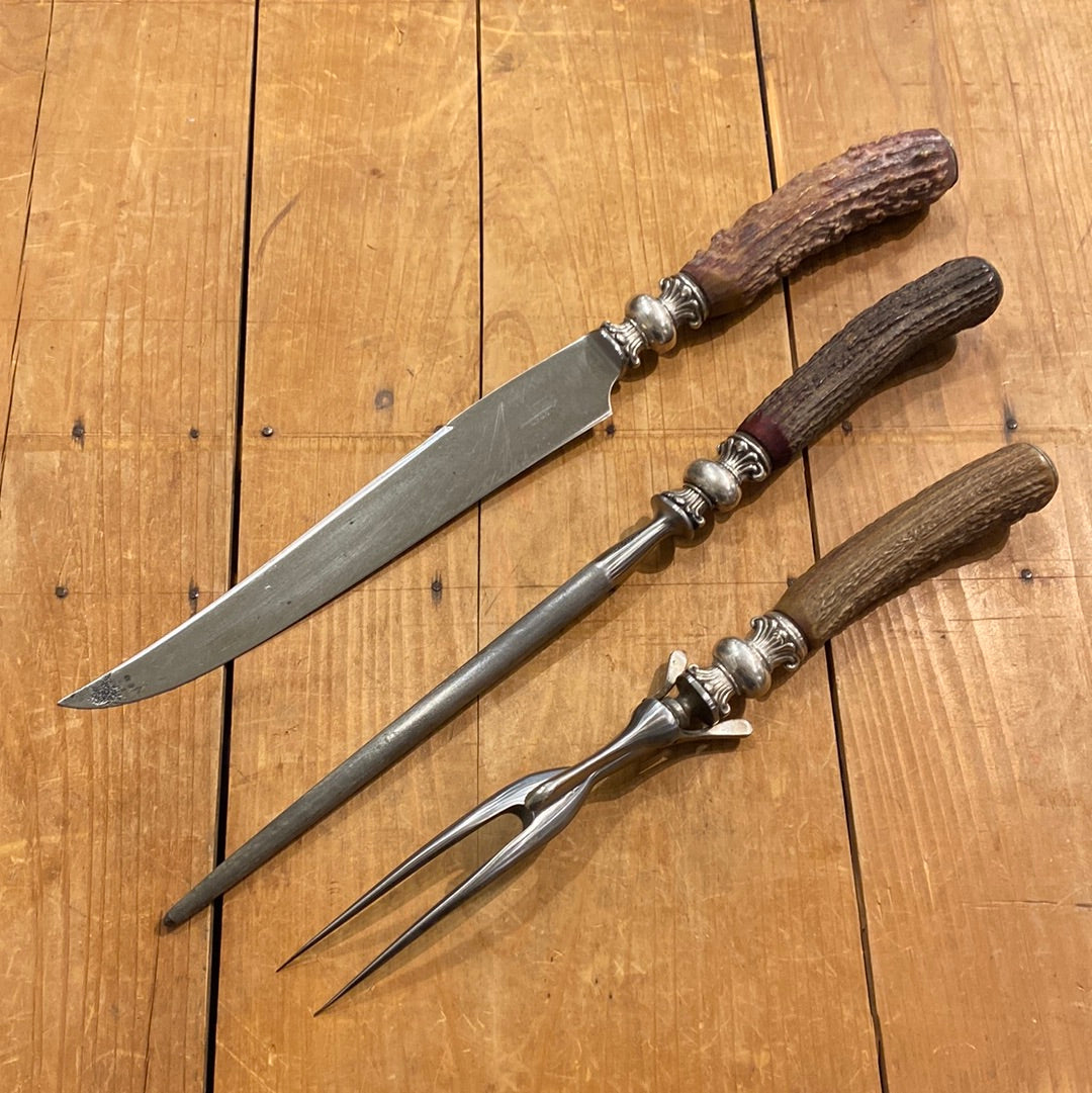 Landers Frary & Clark Universal Carving 3Pc Set Knife Fork Steel Carbon Steel Stag Sterling