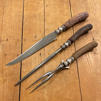 Landers Frary & Clark Universal Carving 3Pc Set Knife Fork Steel Carbon Steel Stag Sterling