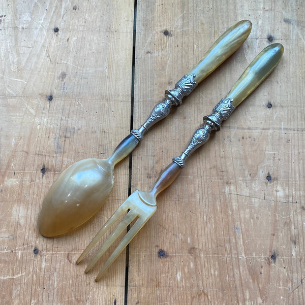 Unmarked Salad Serving Set Horn France 1920’s/30’s?