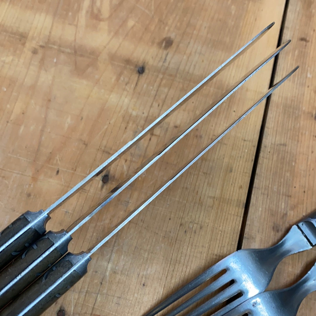 Landers Frary & Clark Universal Set of 3 Forks & Knives Carbon Steel Pewter Inlay