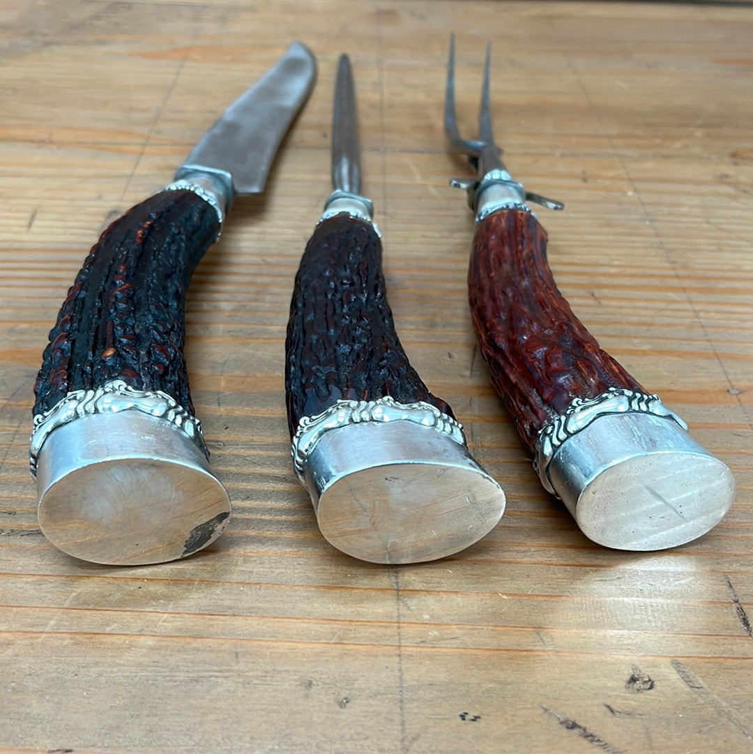 Landers Frary & Clark Aetna Works Carving Set Carbon Steel Large Sterling Ferrules Stag ~1880s-1910s
