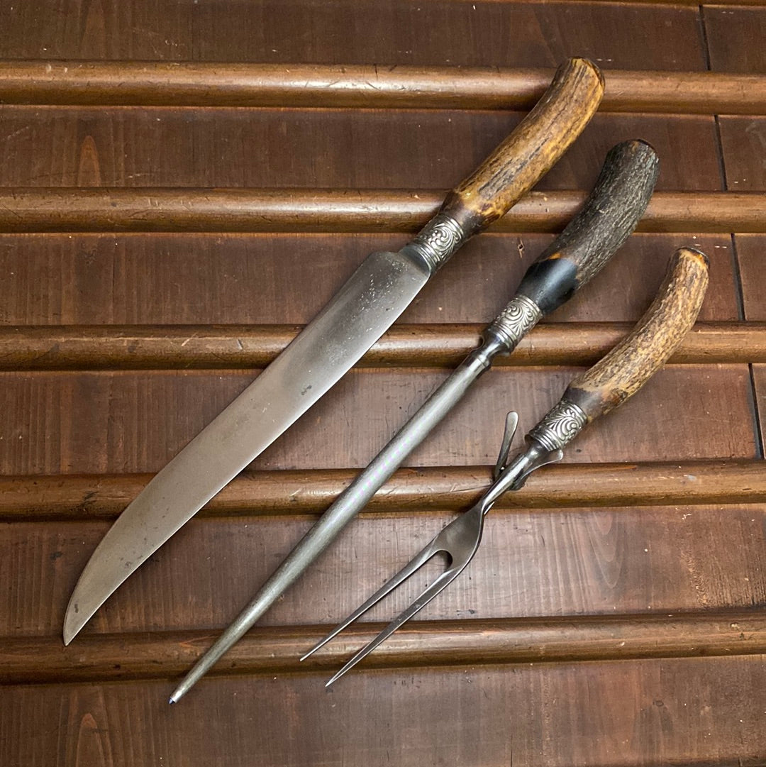 American Cutlery Co 3pc Carving Set Carbon Steel Stag c1900-1920