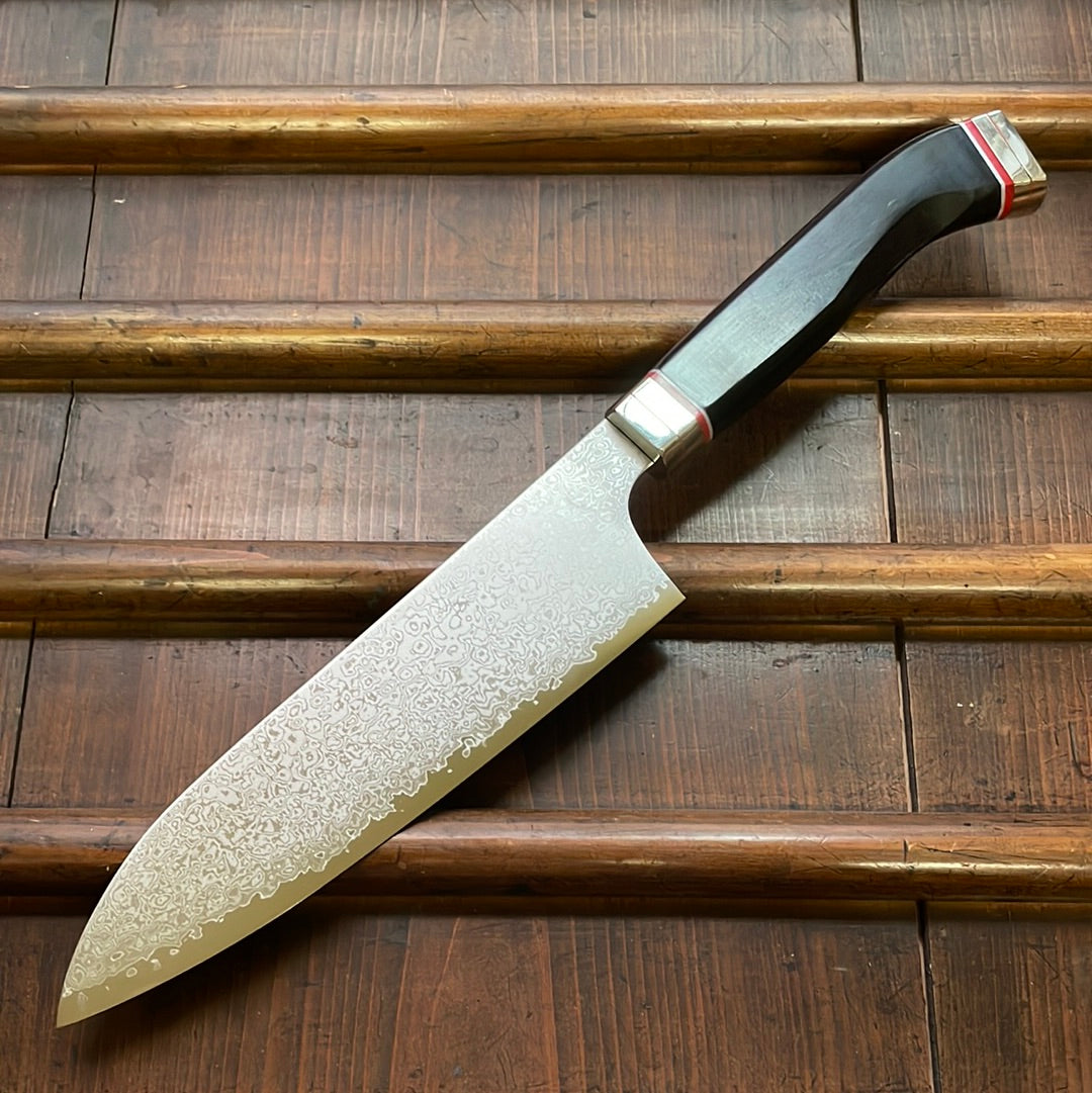 Hitohira Imojiya TH 180mm Santoku VG-10 Damascus Fusion Ebony Handle