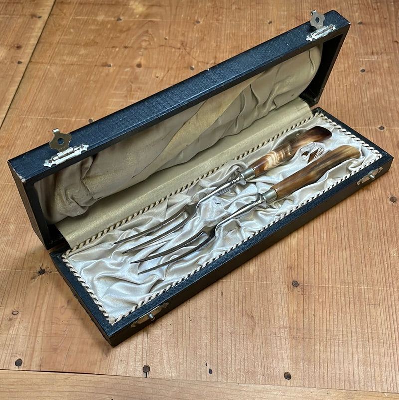 Hors d'ourve Fork Set Chromed Carbon Steel & Horn In Box Germany  1950s