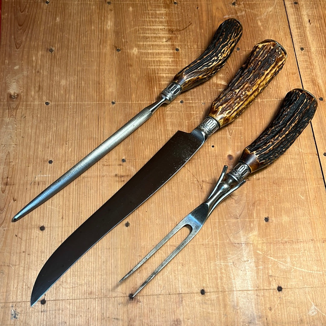 American Carving Set Carbon Steel Sterling Ferrules Stag 1880s-1920s
