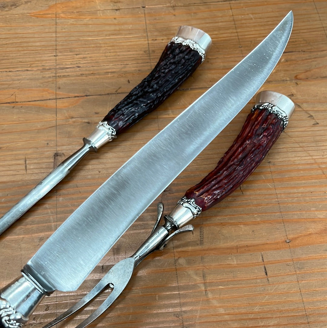 Landers Frary & Clark Aetna Works Carving Set Carbon Steel Large Sterling Ferrules Stag ~1880s-1910s