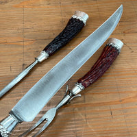 Landers Frary & Clark Aetna Works Carving Set Carbon Steel Large Sterling Ferrules Stag ~1880s-1910s