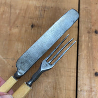 Antique Child’s Fork & Knife Set Unmarked Carbon Steel & Bone 19th C