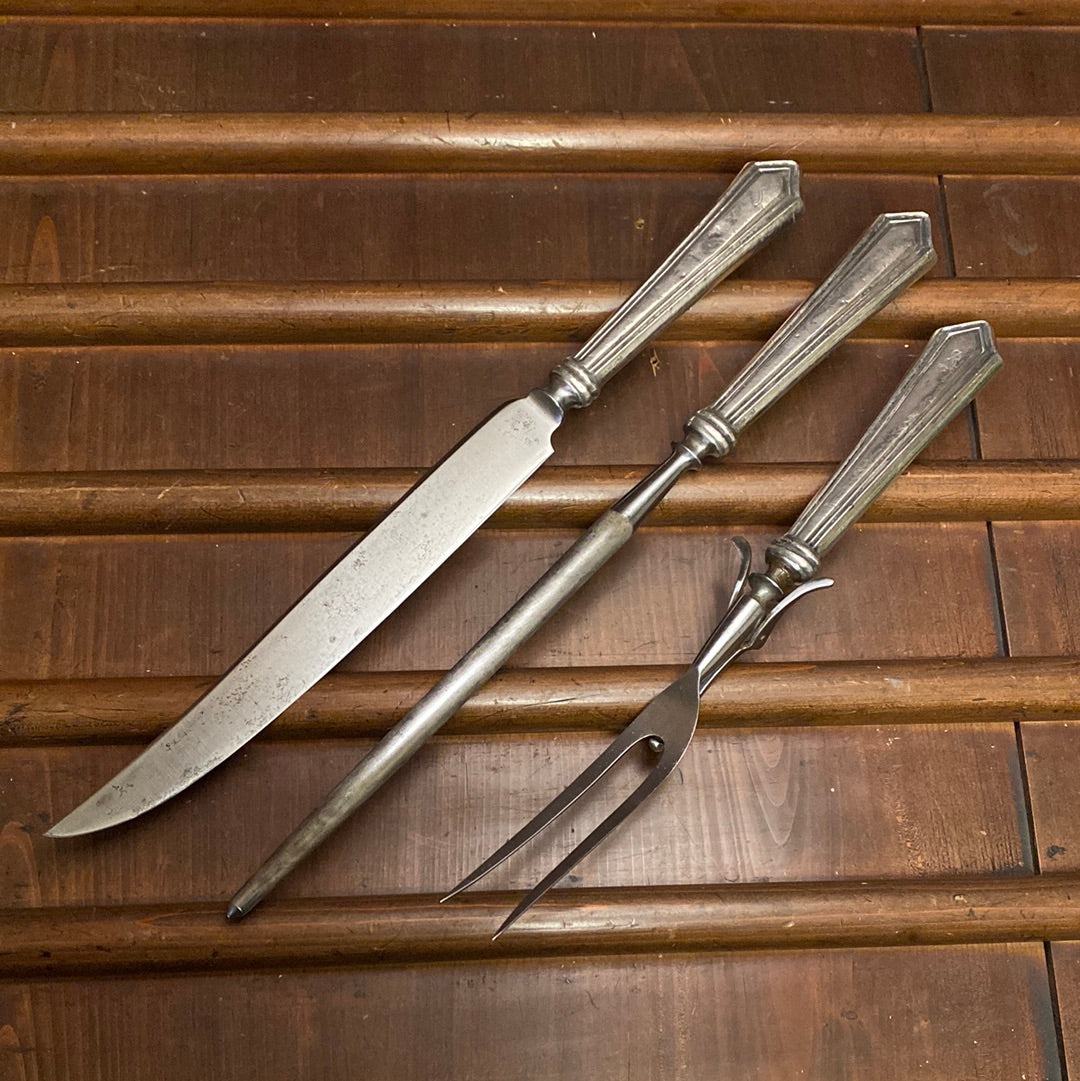 Unmarked 3pc Carving Set Carbon Steel Sterling Handles USA 1890’s-1920’s?