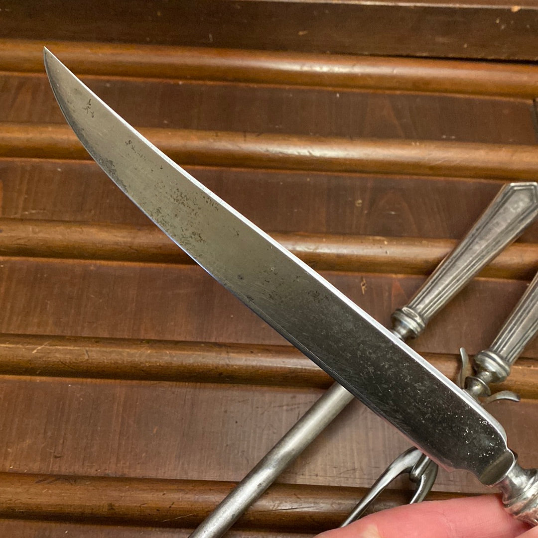 Unmarked 3pc Carving Set Carbon Steel Sterling Handles USA 1890’s-1920’s?