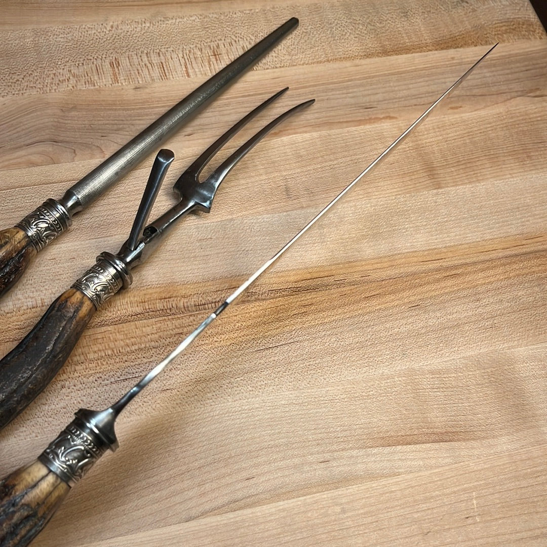 SL&S Sheffield Ltd Cutlers Carving Set Carbon Steel & Stag ~1900-1920