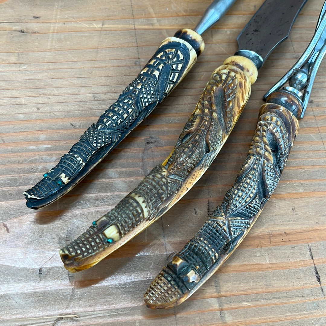 Hibbard Spencer & Bartlett Carving Set Carbon Steel Alligator Stag 1850-1900